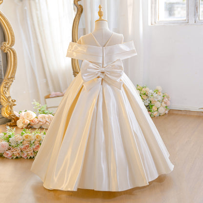 Wholesale 5-11Y Girls Off Shoulder Satin Princess Dress, Kids Birthday Party Rhinestone Bow Soft Satin Formal Gown