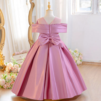 Wholesale 5-11Y Girls Off Shoulder Satin Princess Dress, Kids Birthday Party Rhinestone Bow Soft Satin Formal Gown