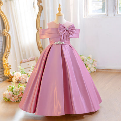 Wholesale 5-11Y Girls Off Shoulder Satin Princess Dress, Kids Birthday Party Rhinestone Bow Soft Satin Formal Gown