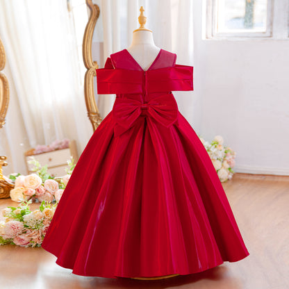 Wholesale 5-11Y Girls Off Shoulder Satin Princess Dress, Kids Birthday Party Rhinestone Bow Soft Satin Formal Gown