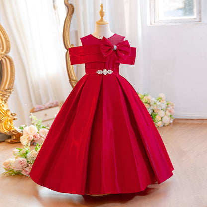 Wholesale 5-11Y Girls Off Shoulder Satin Princess Dress, Kids Birthday Party Rhinestone Bow Soft Satin Formal Gown