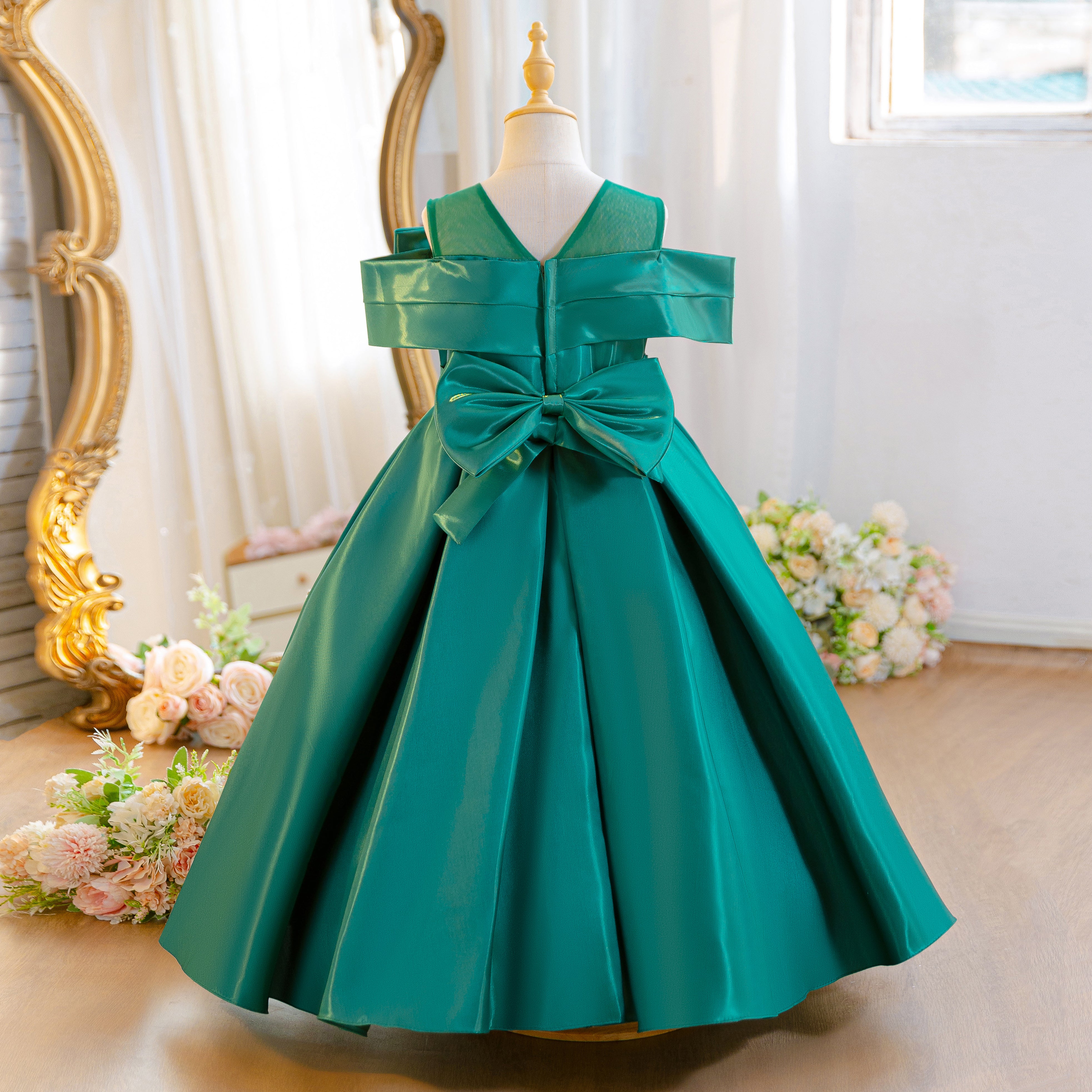 Wholesale 5-11Y Girls Off Shoulder Satin Princess Dress, Kids Birthday Party Rhinestone Bow Soft Satin Formal Gown