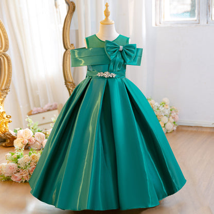 Wholesale 5-11Y Girls Off Shoulder Satin Princess Dress, Kids Birthday Party Rhinestone Bow Soft Satin Formal Gown
