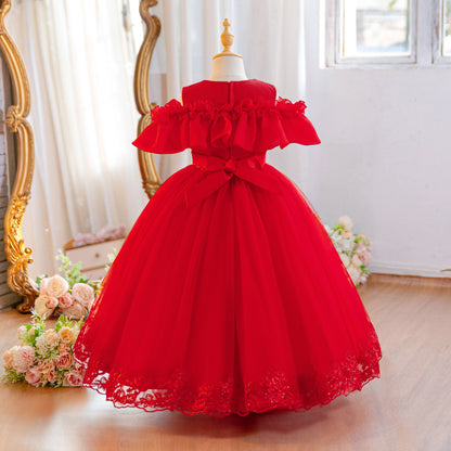 Wholesale 5-11Y Girls Off Shoulder Tulle Princess Dress, Kids Birthday Party Lace Embroidery Soft Mesh Formal Gown