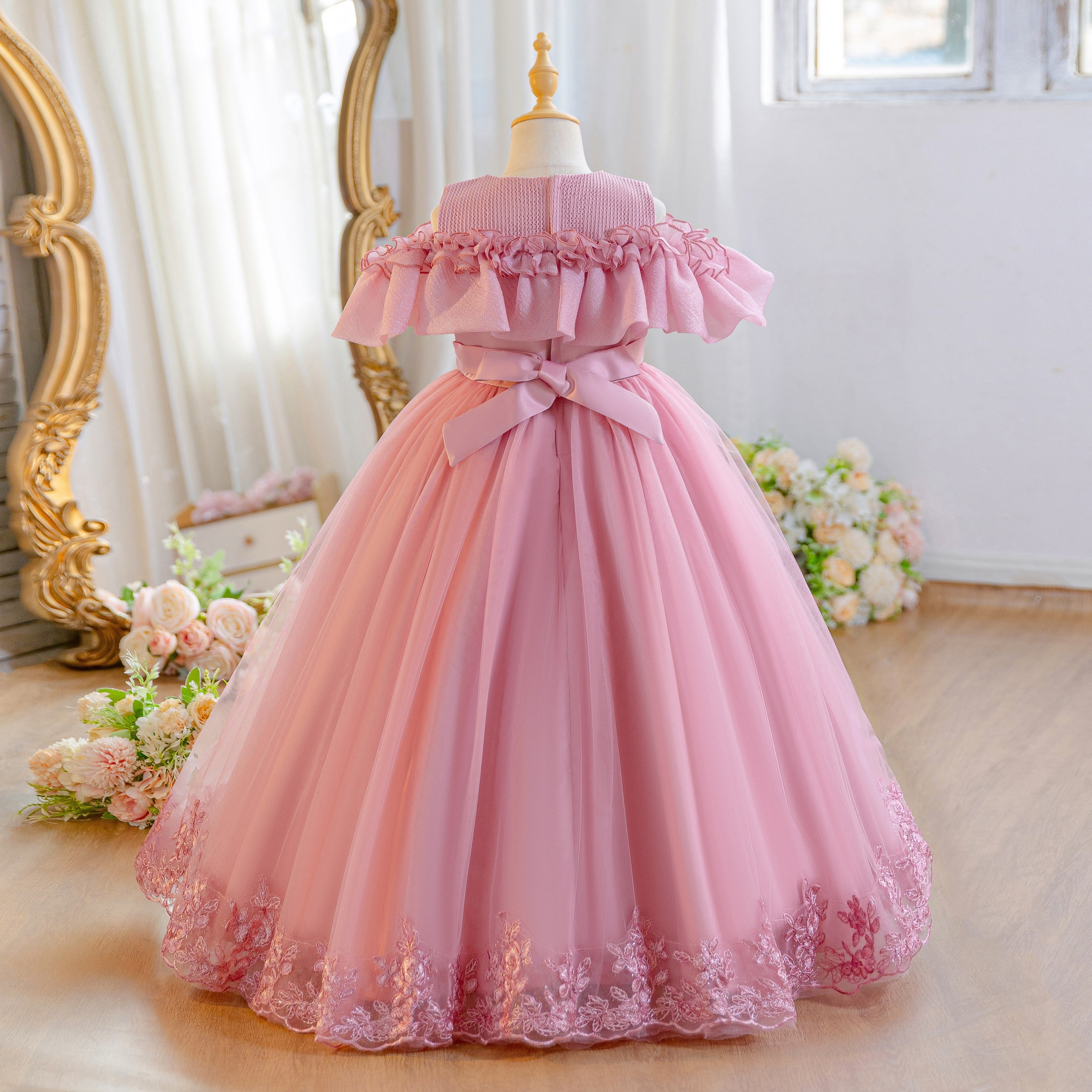 Wholesale 5-11Y Girls Off Shoulder Tulle Princess Dress, Kids Birthday Party Lace Embroidery Soft Mesh Formal Gown