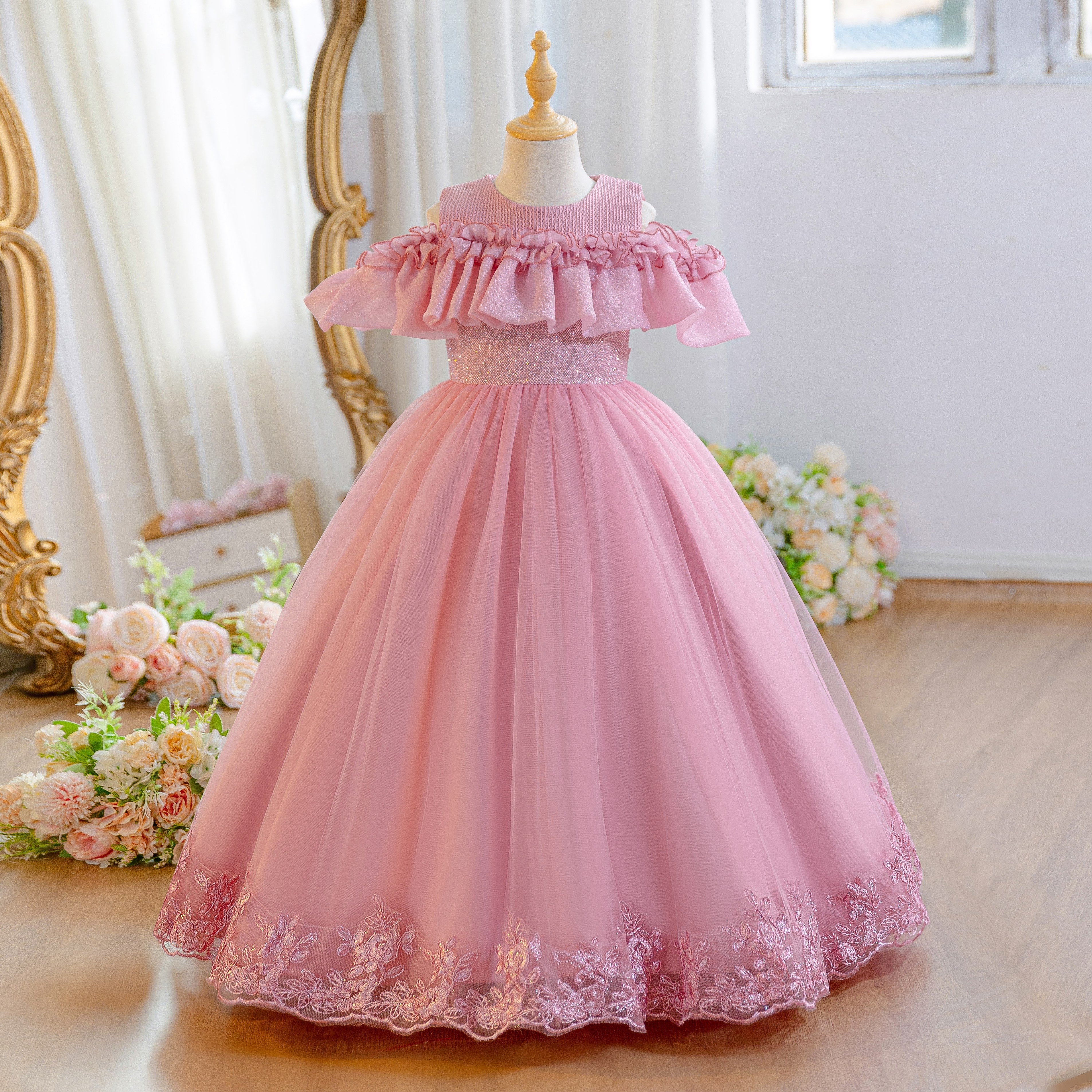 Wholesale 5-11Y Girls Off Shoulder Tulle Princess Dress, Kids Birthday Party Lace Embroidery Soft Mesh Formal Gown