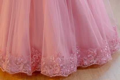 Wholesale 5-11Y Girls Off Shoulder Tulle Princess Dress, Kids Birthday Party Lace Embroidery Soft Mesh Formal Gown