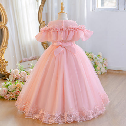 Wholesale 5-11Y Girls Off Shoulder Tulle Princess Dress, Kids Birthday Party Lace Embroidery Soft Mesh Formal Gown
