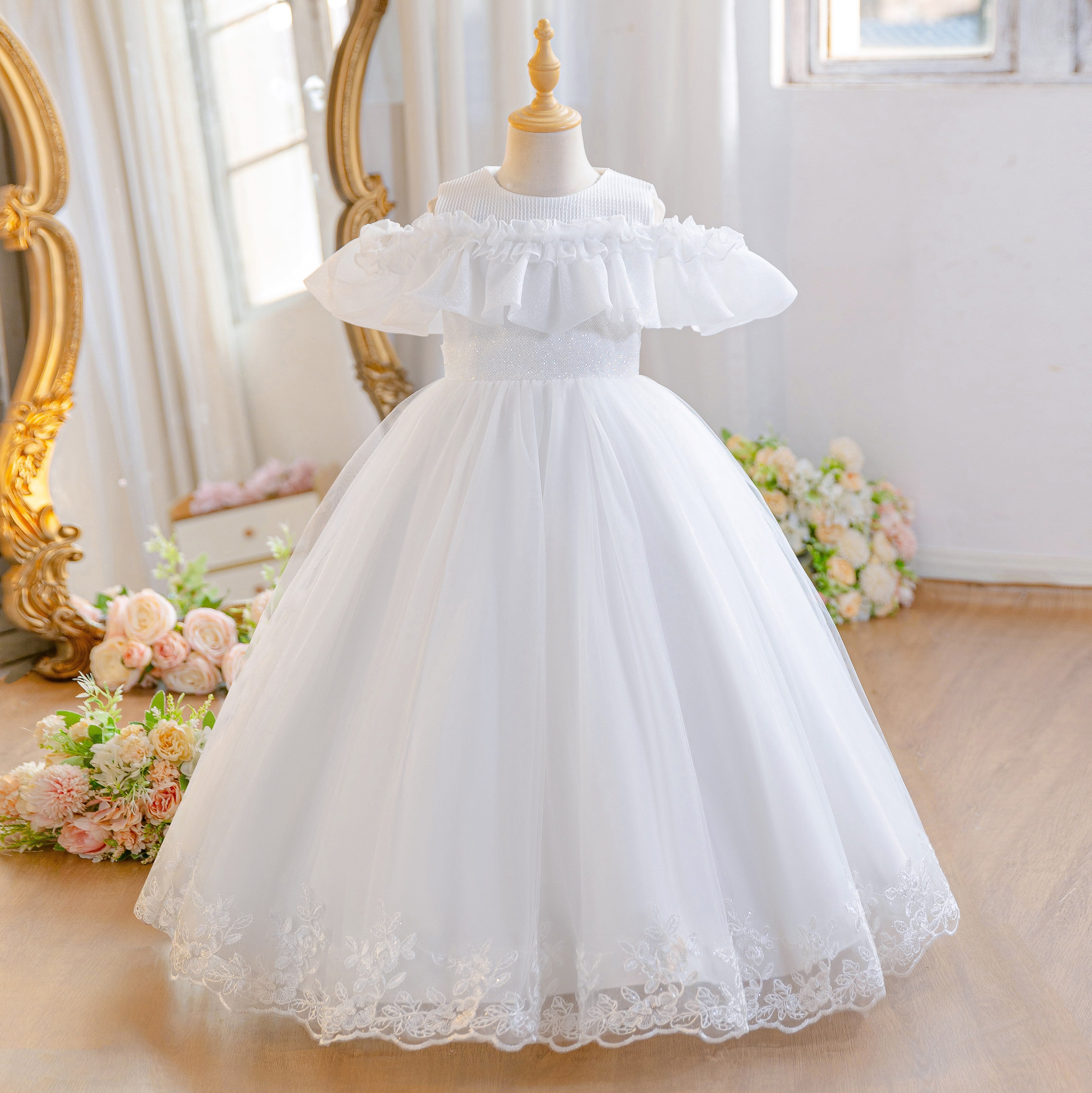 Wholesale 5-11Y Girls Off Shoulder Tulle Princess Dress, Kids Birthday Party Lace Embroidery Soft Mesh Formal Gown
