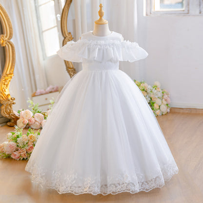 Wholesale 5-11Y Girls Off Shoulder Tulle Princess Dress, Kids Birthday Party Lace Embroidery Soft Mesh Formal Gown