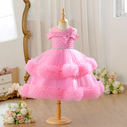 Wholesale Flower Girls Party Dress | Off Shoulder Tulle Feather Kids Princess Outfit for Birthday & Wedding | Bulk Order for Boutiques