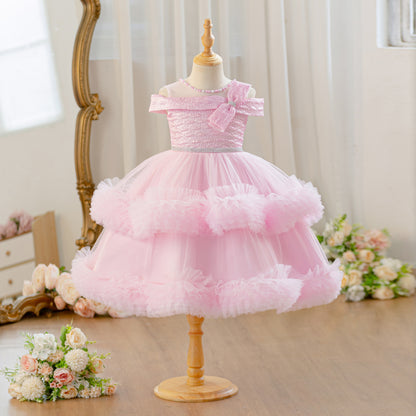 Wholesale Flower Girls Party Dress | Off Shoulder Tulle Feather Kids Princess Outfit for Birthday & Wedding | Bulk Order for Boutiques