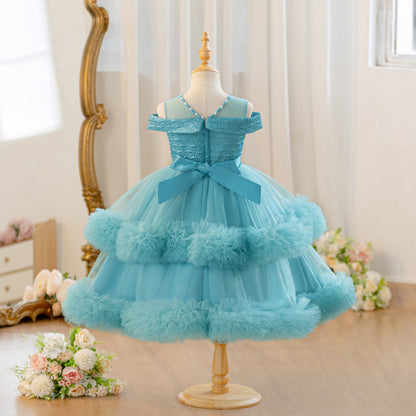 Wholesale Flower Girls Party Dress | Off Shoulder Tulle Feather Kids Princess Outfit for Birthday & Wedding | Bulk Order for Boutiques