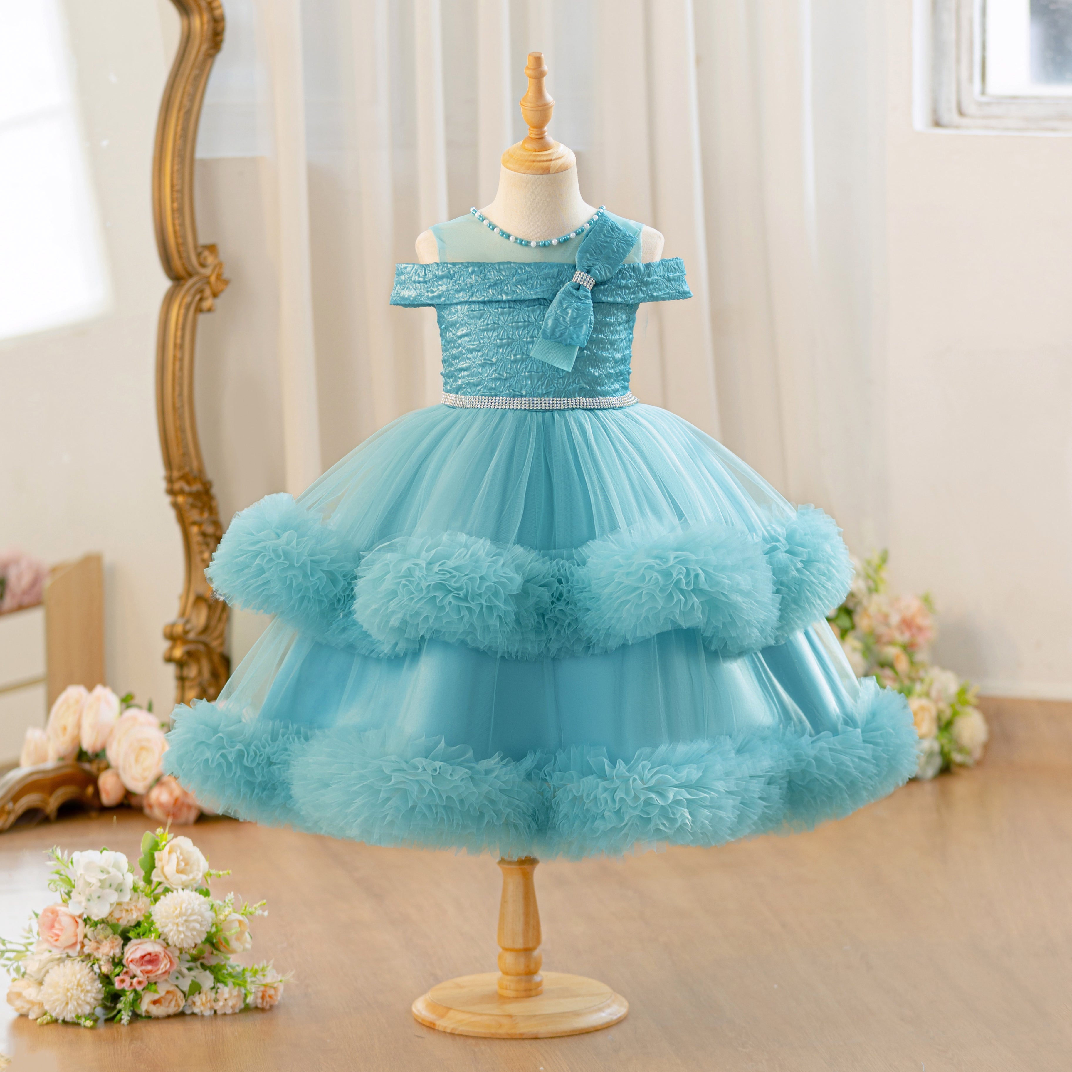 Wholesale Flower Girls Party Dress | Off Shoulder Tulle Feather Kids Princess Outfit for Birthday & Wedding | Bulk Order for Boutiques