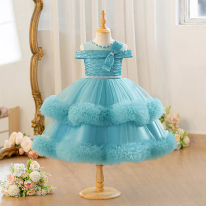 Wholesale Flower Girls Party Dress | Off Shoulder Tulle Feather Kids Princess Outfit for Birthday & Wedding | Bulk Order for Boutiques