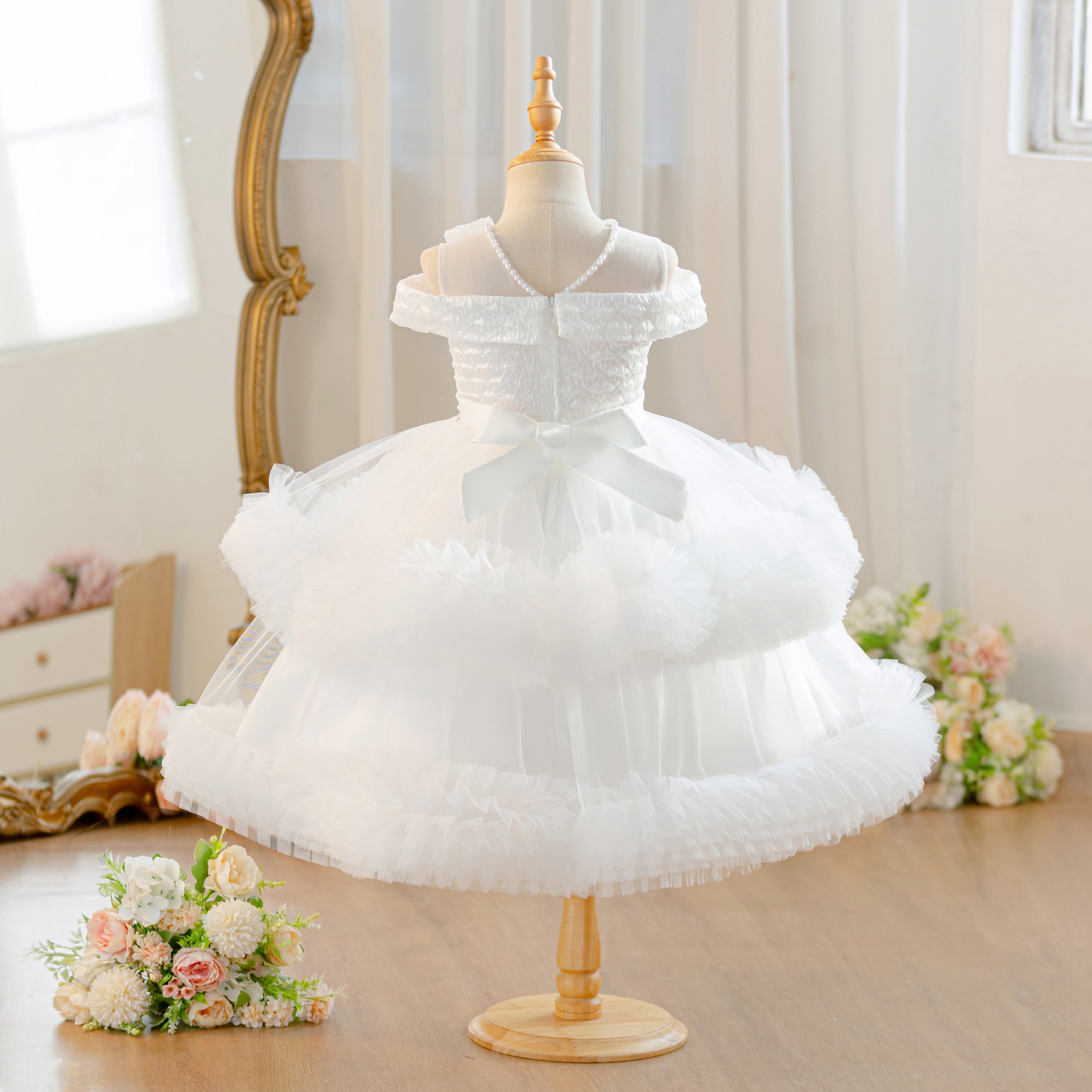 Wholesale Flower Girls Party Dress | Off Shoulder Tulle Feather Kids Princess Outfit for Birthday & Wedding | Bulk Order for Boutiques