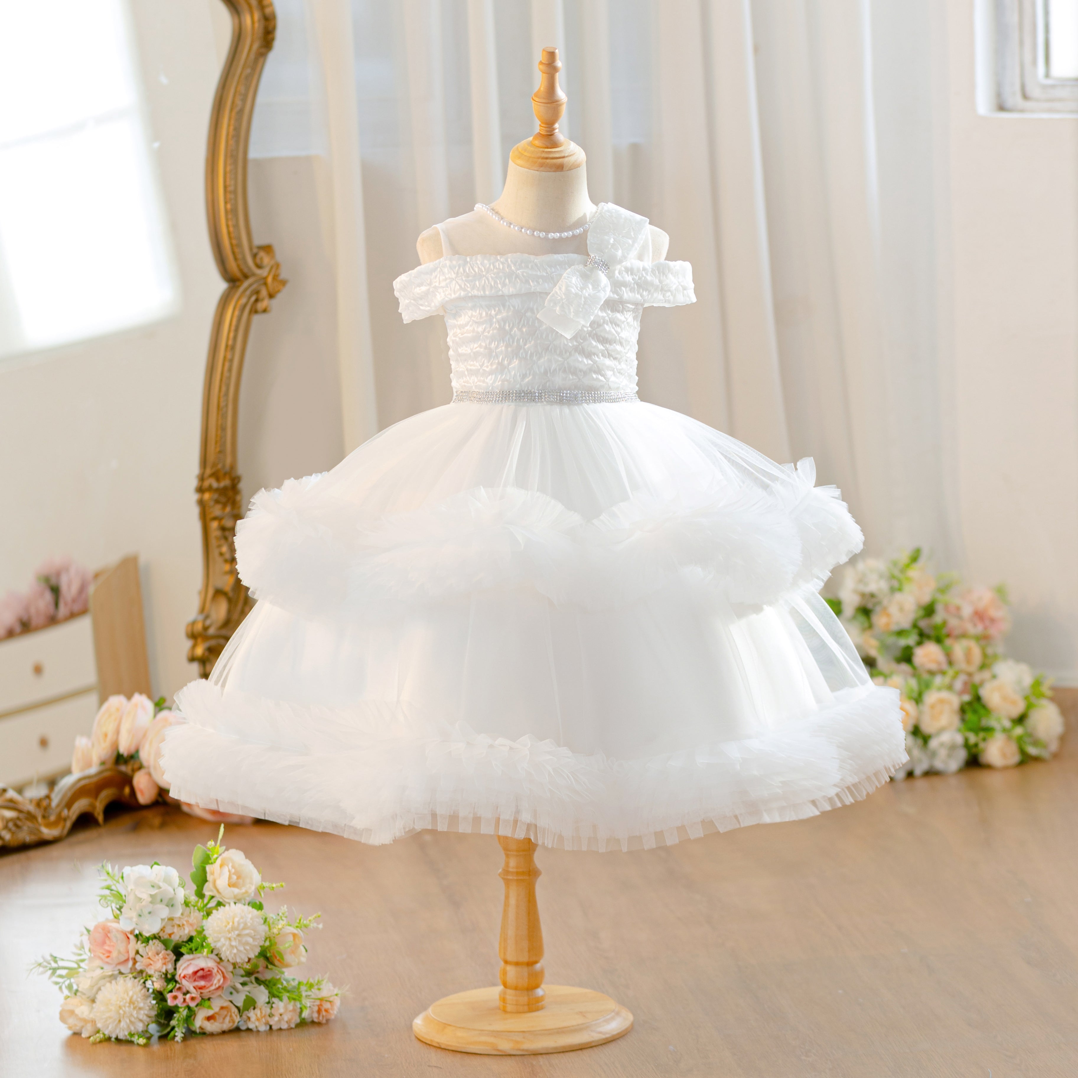 Wholesale Flower Girls Party Dress | Off Shoulder Tulle Feather Kids Princess Outfit for Birthday & Wedding | Bulk Order for Boutiques