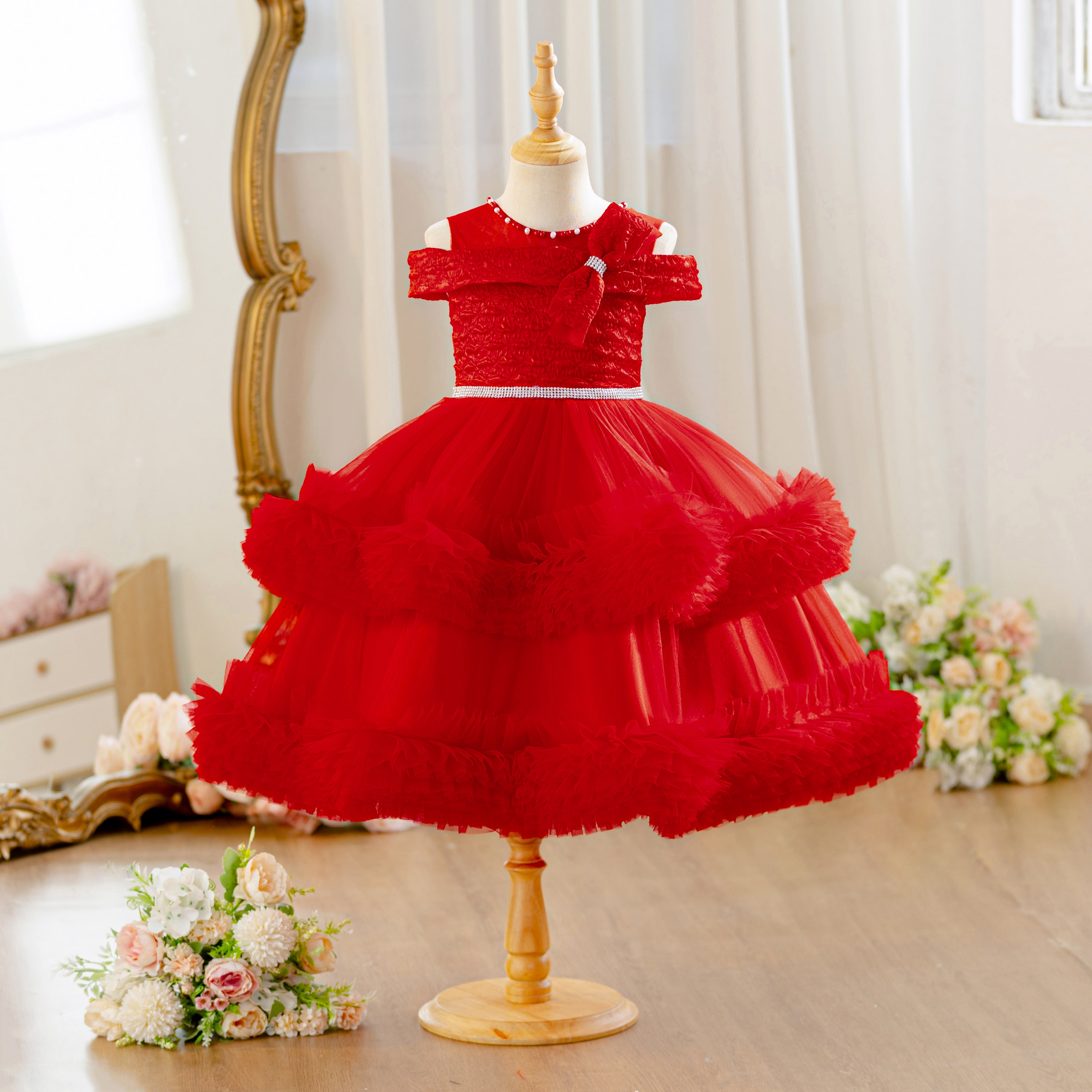 Wholesale Flower Girls Party Dress | Off Shoulder Tulle Feather Kids Princess Outfit for Birthday & Wedding | Bulk Order for Boutiques