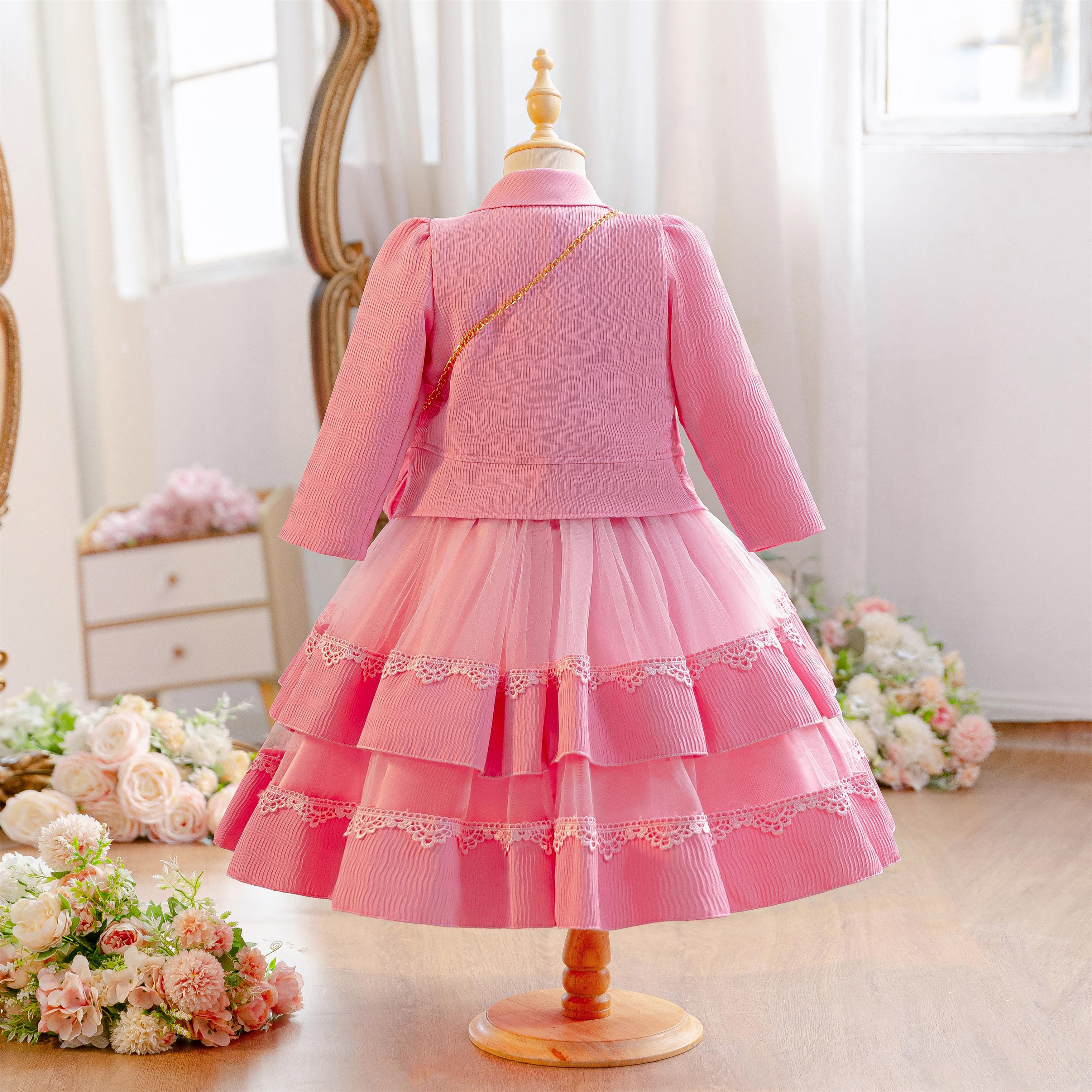 Wholesale 4-10Y Girls 3Pcs Rib Knit Lace Tulle Princess Dress Set, Kids Birthday Party Lapel Jacket Soft Fabric Formal Outfit With Mini Bag