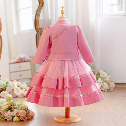 Wholesale 4-10Y Girls 3Pcs Rib Knit Lace Tulle Princess Dress Set, Kids Birthday Party Lapel Jacket Soft Fabric Formal Outfit With Mini Bag