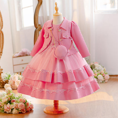 Wholesale 4-10Y Girls 3Pcs Rib Knit Lace Tulle Princess Dress Set, Kids Birthday Party Lapel Jacket Soft Fabric Formal Outfit With Mini Bag