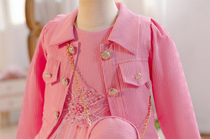 Wholesale 4-10Y Girls 3Pcs Rib Knit Lace Tulle Princess Dress Set, Kids Birthday Party Lapel Jacket Soft Fabric Formal Outfit With Mini Bag