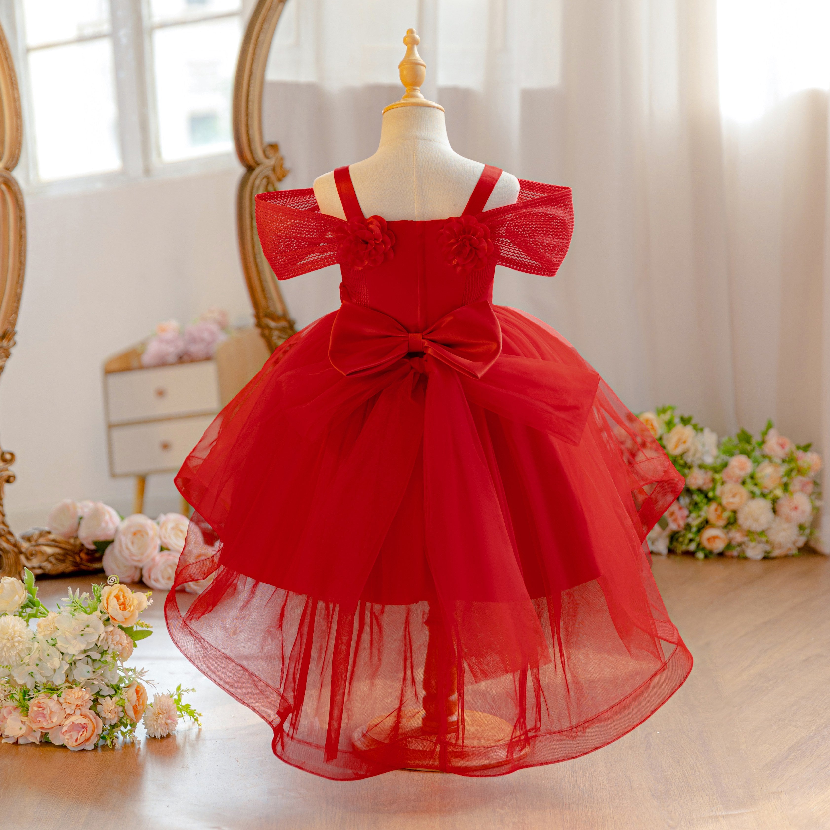Wholesale 18M-7Y Girls Off Shoulder 3D Flower Tulle Princess Dress, Kids Birthday Party Soft Mesh Hi-Lo Formal Gown