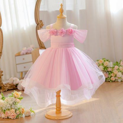 Wholesale 18M-7Y Girls Off Shoulder 3D Flower Tulle Princess Dress, Kids Birthday Party Soft Mesh Hi-Lo Formal Gown