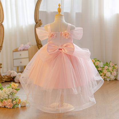 Wholesale 18M-7Y Girls Off Shoulder 3D Flower Tulle Princess Dress, Kids Birthday Party Soft Mesh Hi-Lo Formal Gown