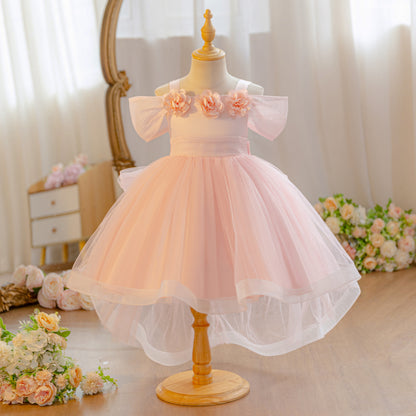 Wholesale 18M-7Y Girls Off Shoulder 3D Flower Tulle Princess Dress, Kids Birthday Party Soft Mesh Hi-Lo Formal Gown