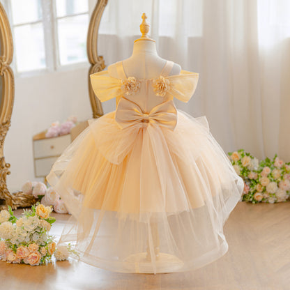 Wholesale 18M-7Y Girls Off Shoulder 3D Flower Tulle Princess Dress, Kids Birthday Party Soft Mesh Hi-Lo Formal Gown