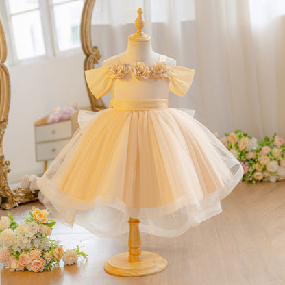Wholesale 18M-7Y Girls Off Shoulder 3D Flower Tulle Princess Dress, Kids Birthday Party Soft Mesh Hi-Lo Formal Gown