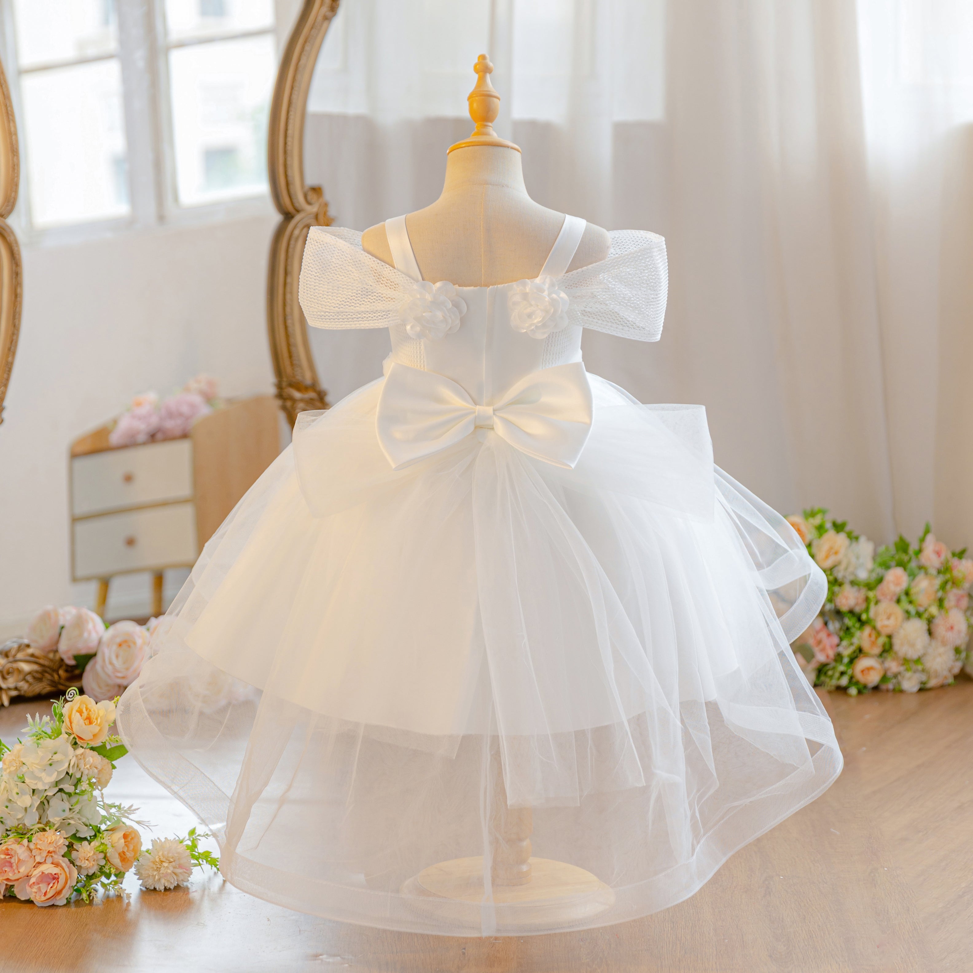 Wholesale 18M-7Y Girls Off Shoulder 3D Flower Tulle Princess Dress, Kids Birthday Party Soft Mesh Hi-Lo Formal Gown
