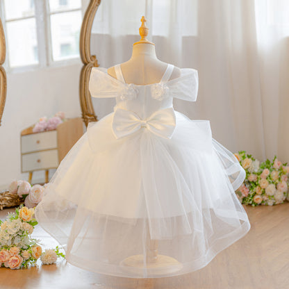 Wholesale 18M-7Y Girls Off Shoulder 3D Flower Tulle Princess Dress, Kids Birthday Party Soft Mesh Hi-Lo Formal Gown
