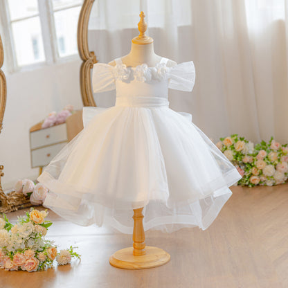 Wholesale 18M-7Y Girls Off Shoulder 3D Flower Tulle Princess Dress, Kids Birthday Party Soft Mesh Hi-Lo Formal Gown