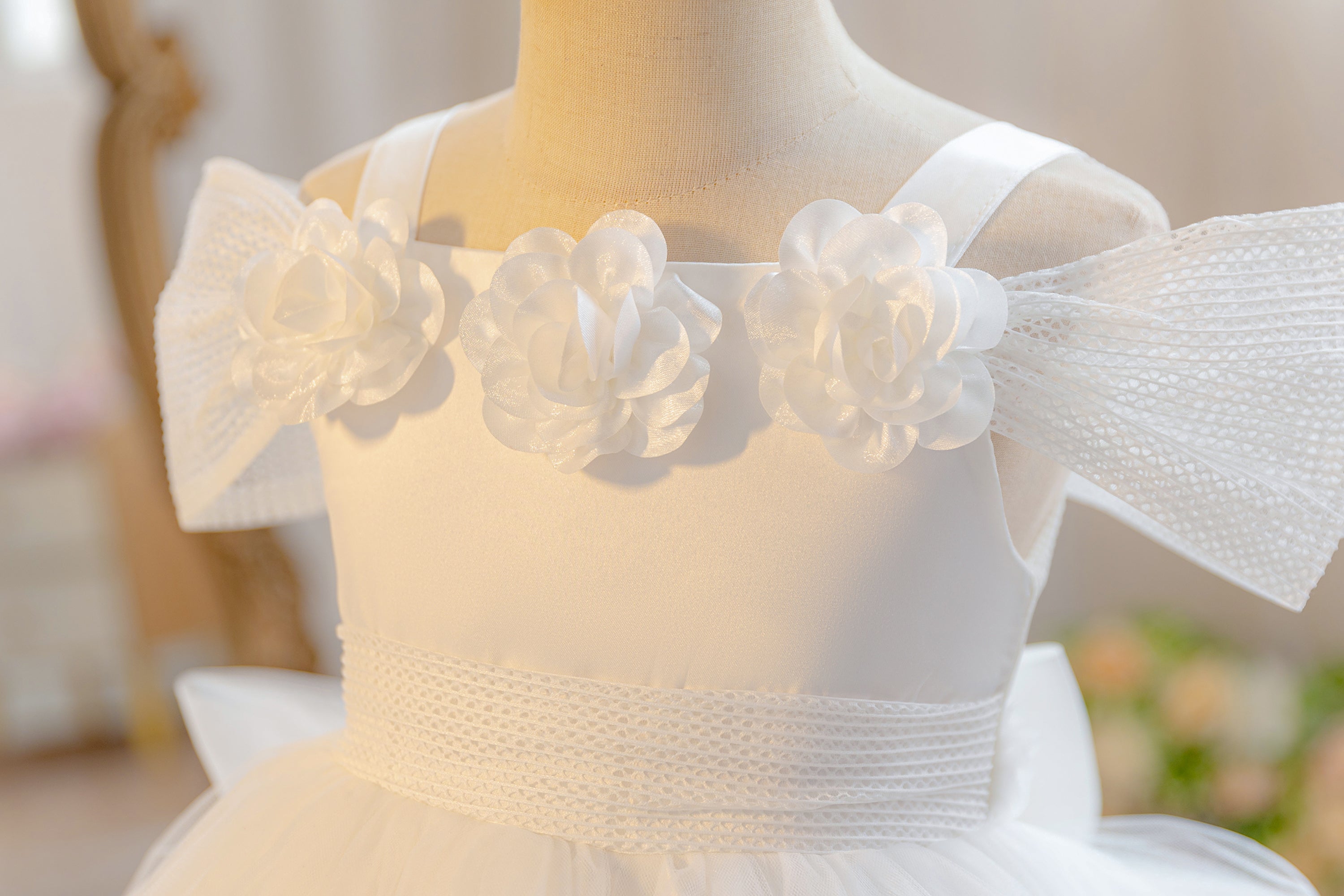 Wholesale 18M-7Y Girls Off Shoulder 3D Flower Tulle Princess Dress, Kids Birthday Party Soft Mesh Hi-Lo Formal Gown