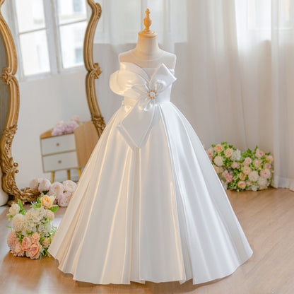 Wholesale Girls Summer Satin Princess Dress | Fluffy Ruffles Birthday Party Outfit with Big Bow | Cute Kids Formal Wear for Ages 5-12