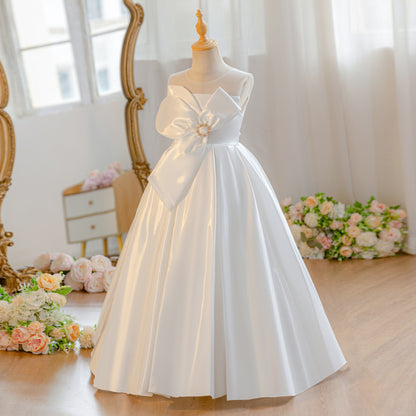 Wholesale Girls Summer Satin Princess Dress | Fluffy Ruffles Birthday Party Outfit with Big Bow | Cute Kids Formal Wear for Ages 5-12