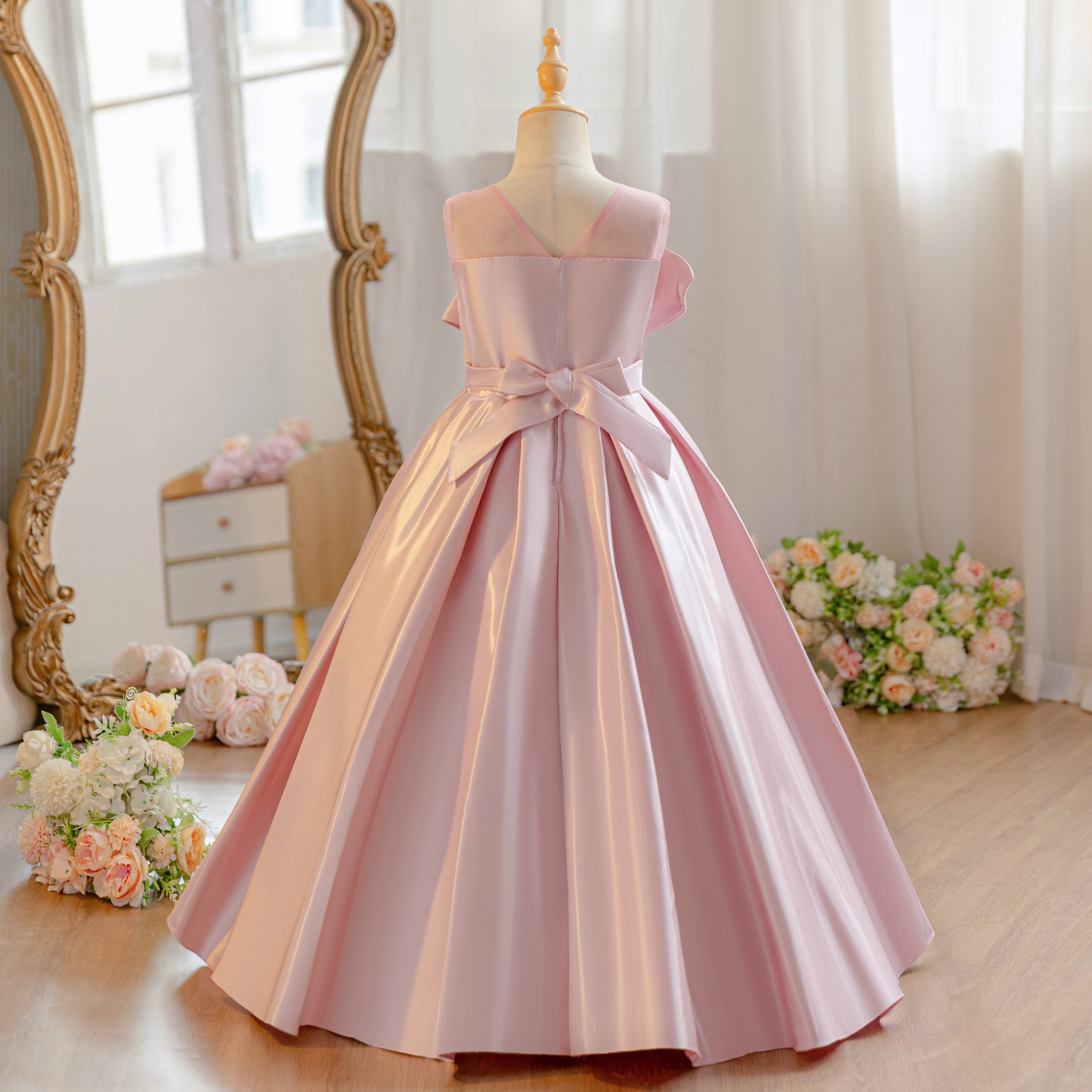 Wholesale Girls Summer Satin Princess Dress | Fluffy Ruffles Birthday Party Outfit with Big Bow | Cute Kids Formal Wear for Ages 5-12