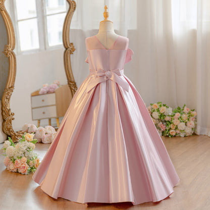 Wholesale Girls Summer Satin Princess Dress | Fluffy Ruffles Birthday Party Outfit with Big Bow | Cute Kids Formal Wear for Ages 5-12