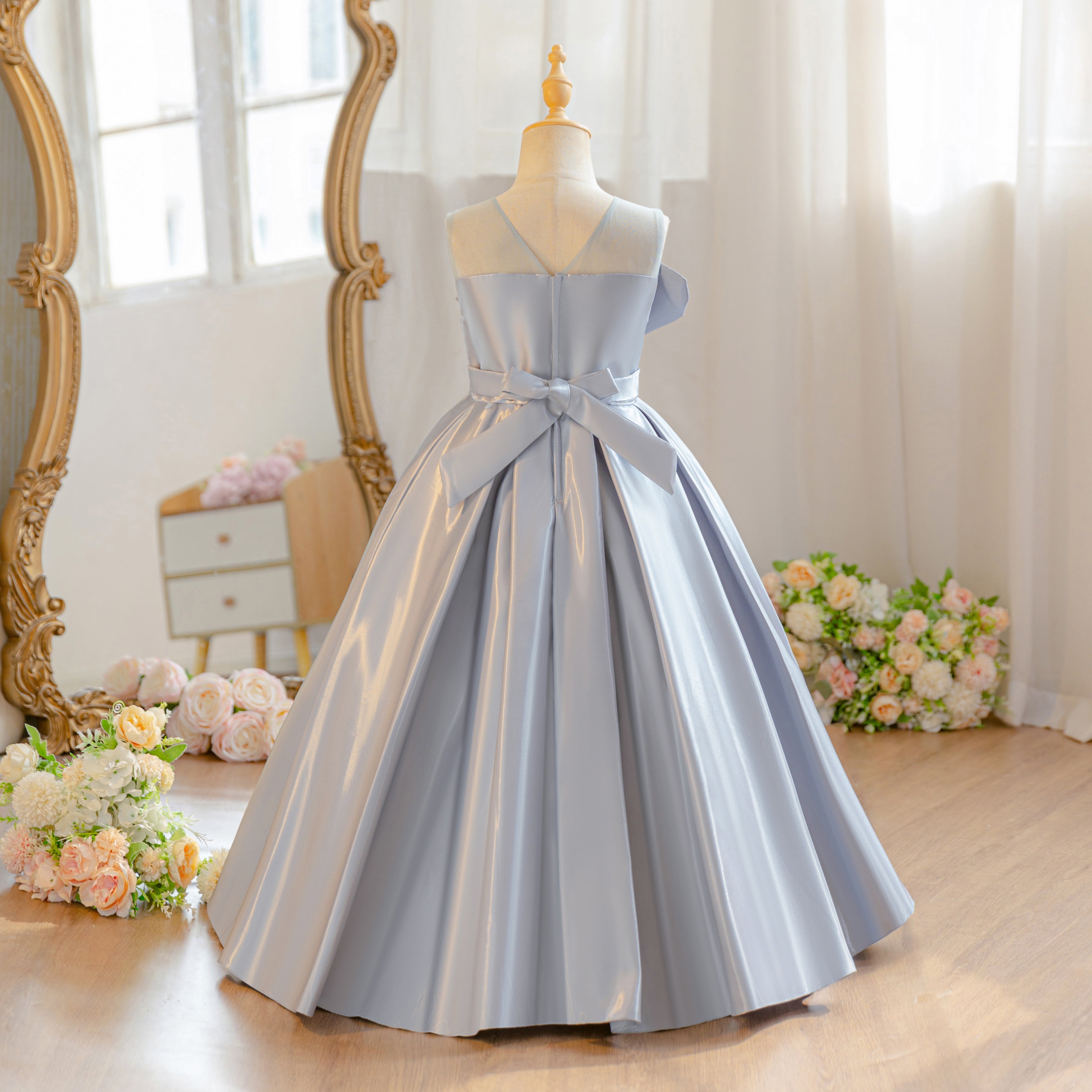 Wholesale Girls Summer Satin Princess Dress | Fluffy Ruffles Birthday Party Outfit with Big Bow | Cute Kids Formal Wear for Ages 5-12