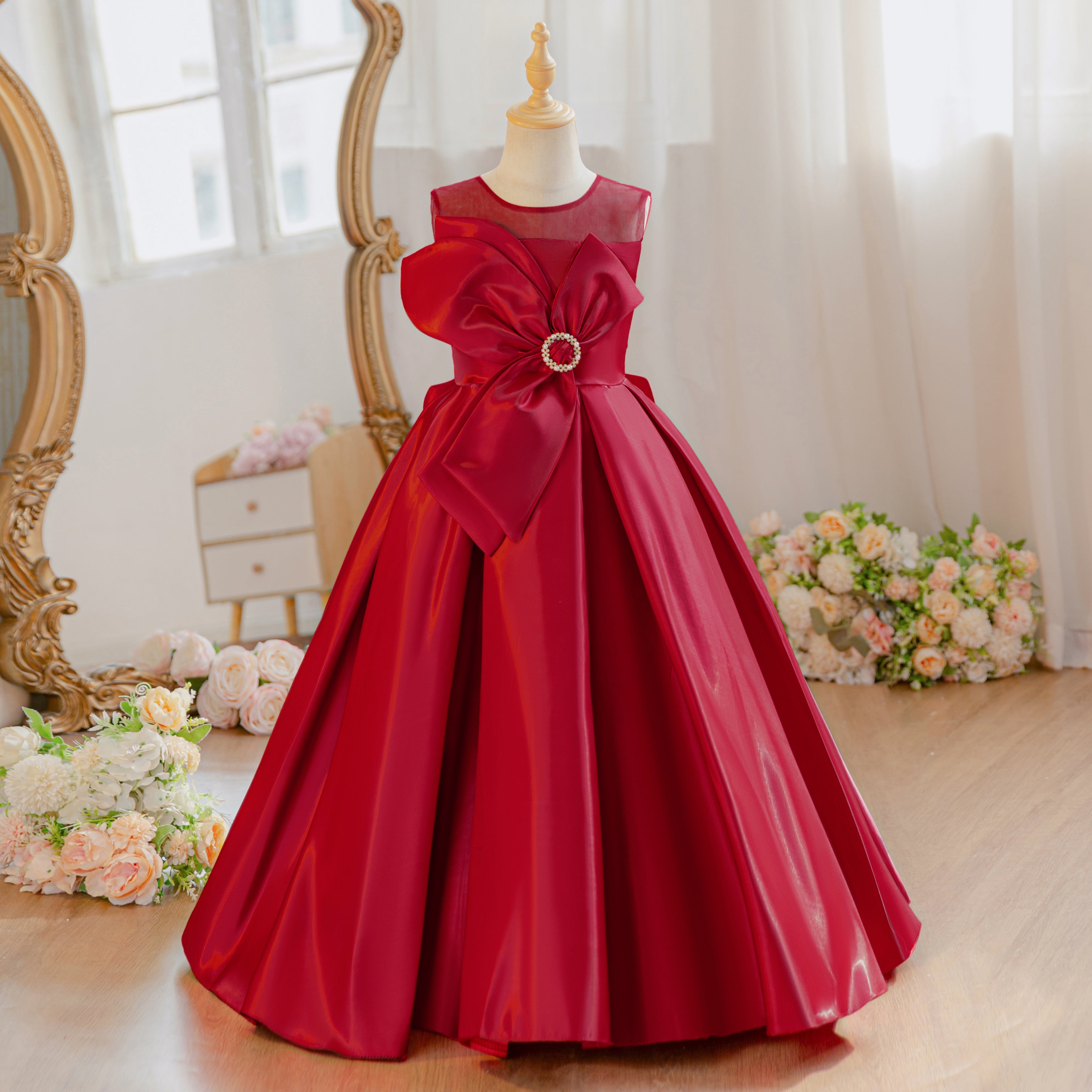 Wholesale Girls Summer Satin Princess Dress | Fluffy Ruffles Birthday Party Outfit with Big Bow | Cute Kids Formal Wear for Ages 5-12