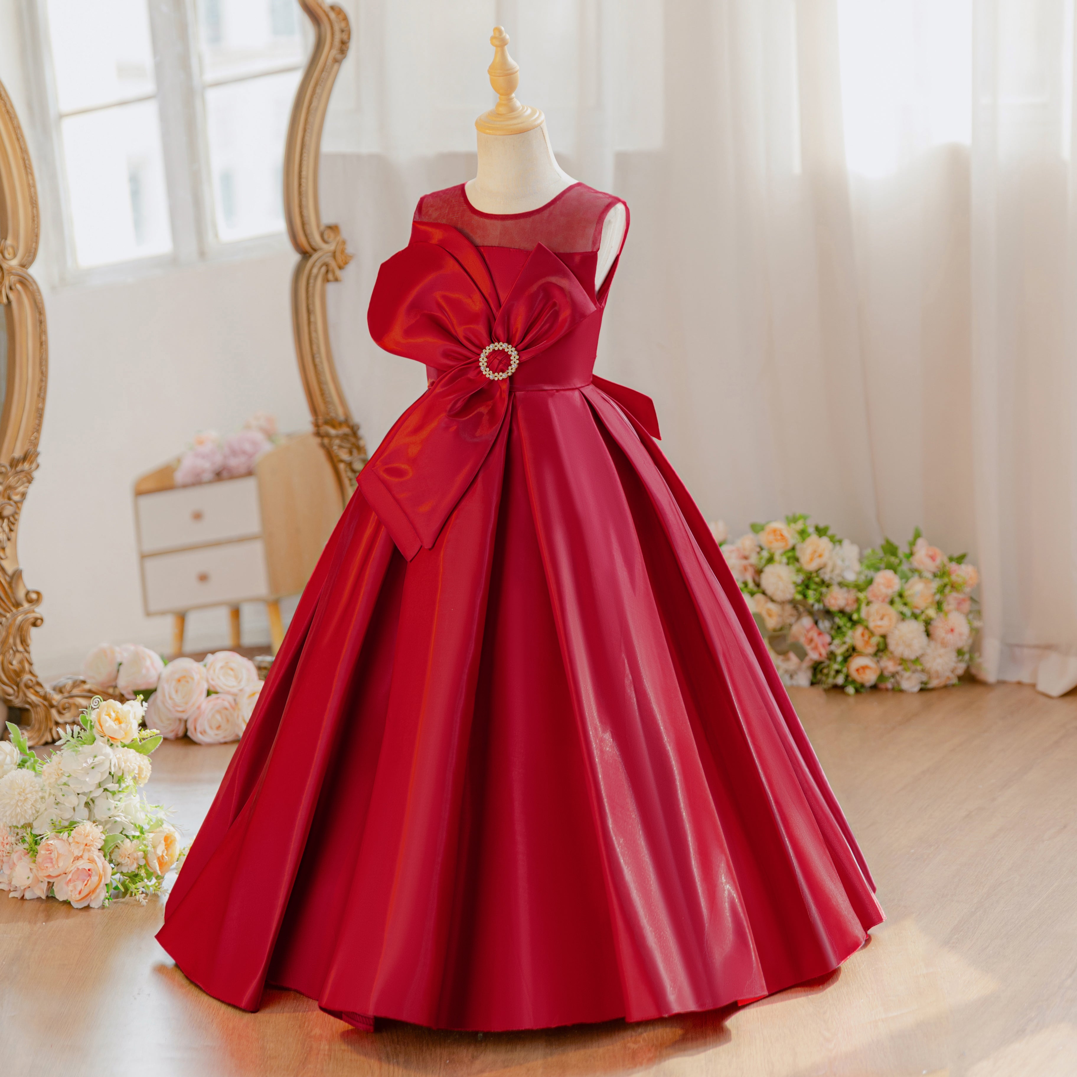 Wholesale Girls Summer Satin Princess Dress | Fluffy Ruffles Birthday Party Outfit with Big Bow | Cute Kids Formal Wear for Ages 5-12