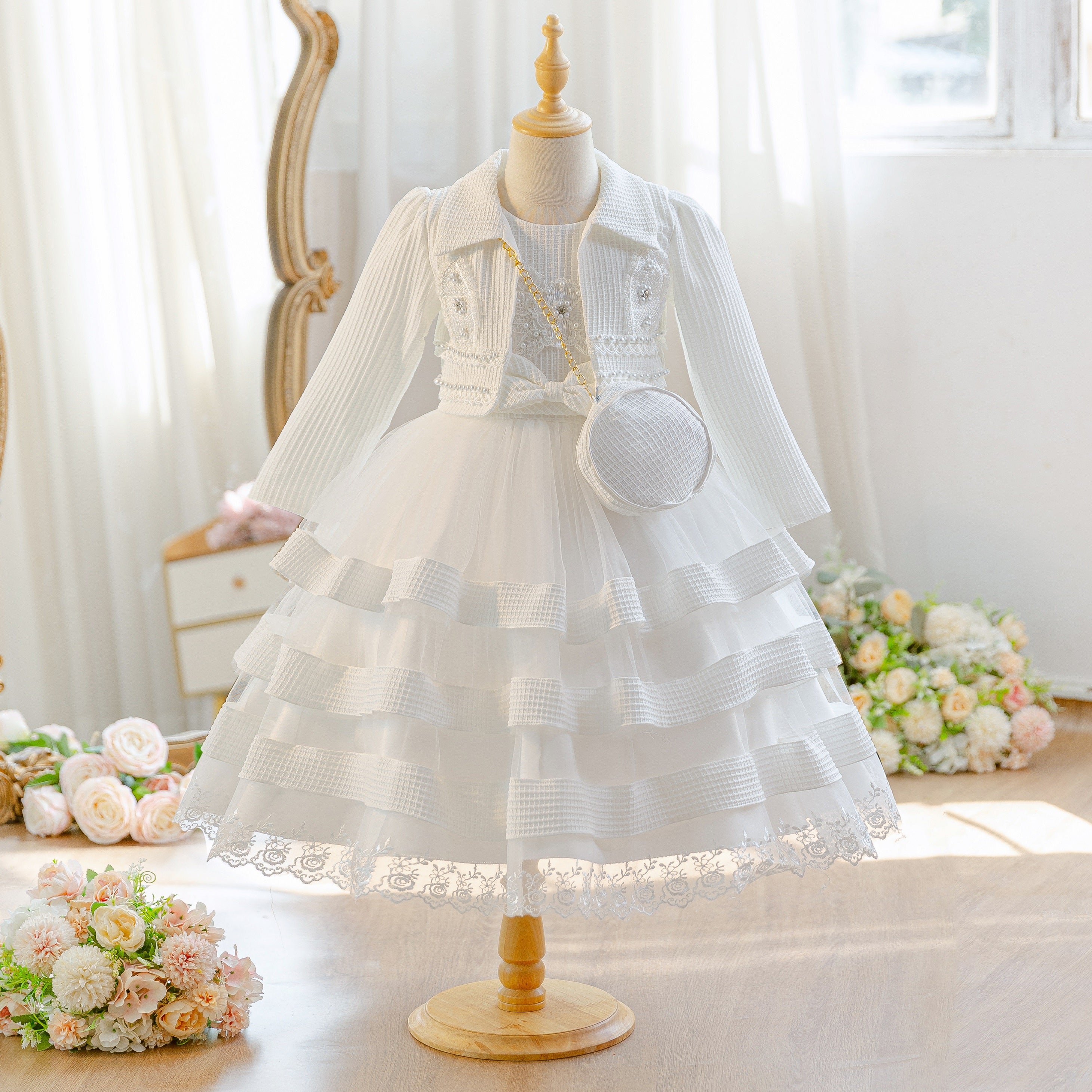Wholesale 5-10Y Girls 3Pcs Rib Knit Lace Tiered Tulle Princess Dress Set, Kids Birthday Party Lapel Jacket Soft Fabric Formal Outfit With Mini Chain Bag