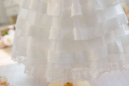 Wholesale 5-10Y Girls 3Pcs Rib Knit Lace Tiered Tulle Princess Dress Set, Kids Birthday Party Lapel Jacket Soft Fabric Formal Outfit With Mini Chain Bag