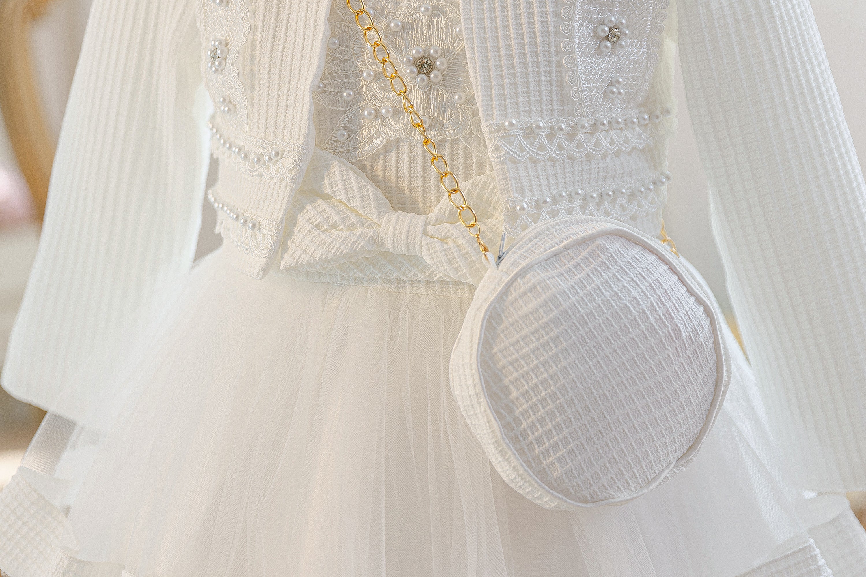 Wholesale 5-10Y Girls 3Pcs Rib Knit Lace Tiered Tulle Princess Dress Set, Kids Birthday Party Lapel Jacket Soft Fabric Formal Outfit With Mini Chain Bag