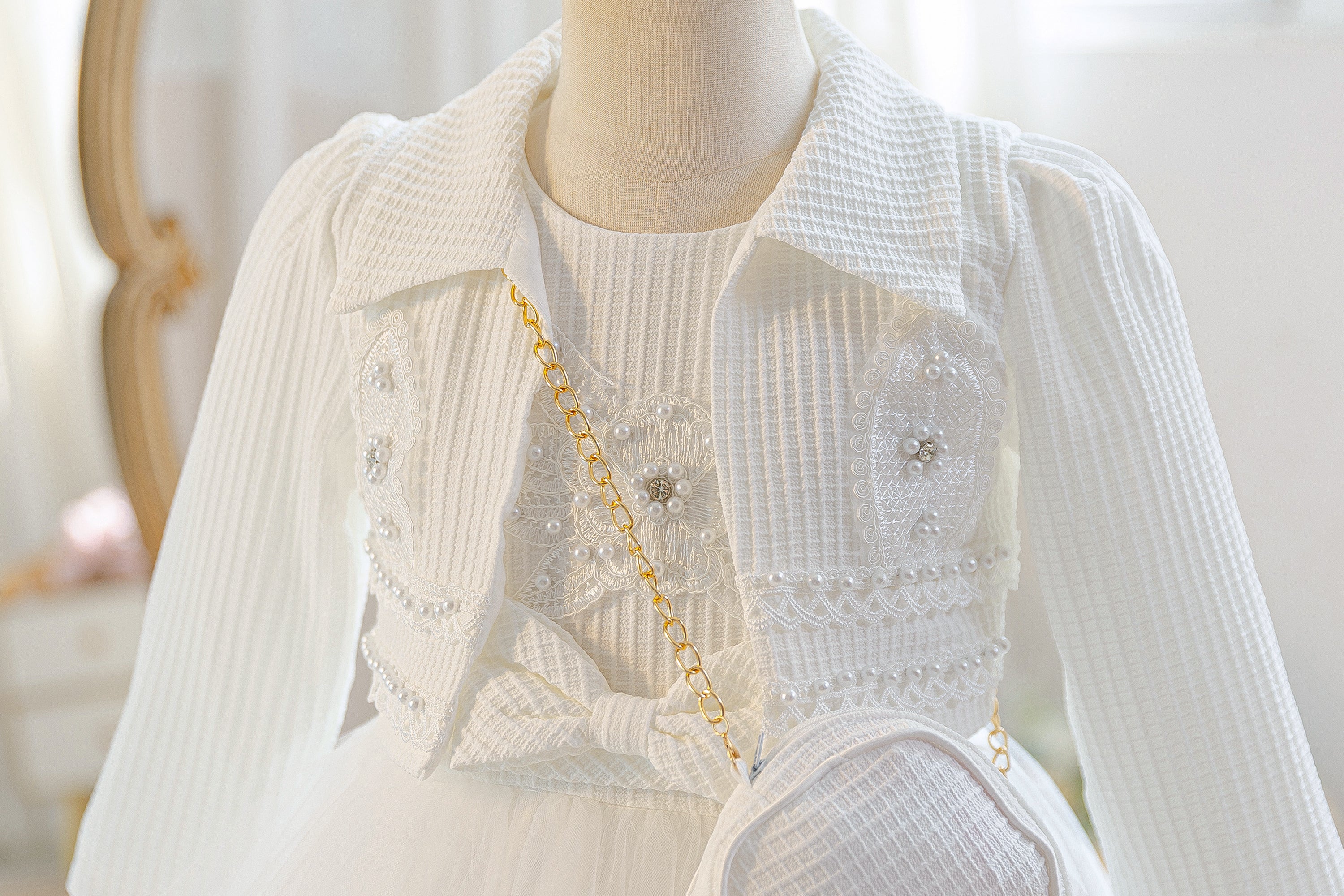 Wholesale 5-10Y Girls 3Pcs Rib Knit Lace Tiered Tulle Princess Dress Set, Kids Birthday Party Lapel Jacket Soft Fabric Formal Outfit With Mini Chain Bag