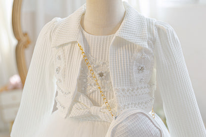 Wholesale 5-10Y Girls 3Pcs Rib Knit Lace Tiered Tulle Princess Dress Set, Kids Birthday Party Lapel Jacket Soft Fabric Formal Outfit With Mini Chain Bag