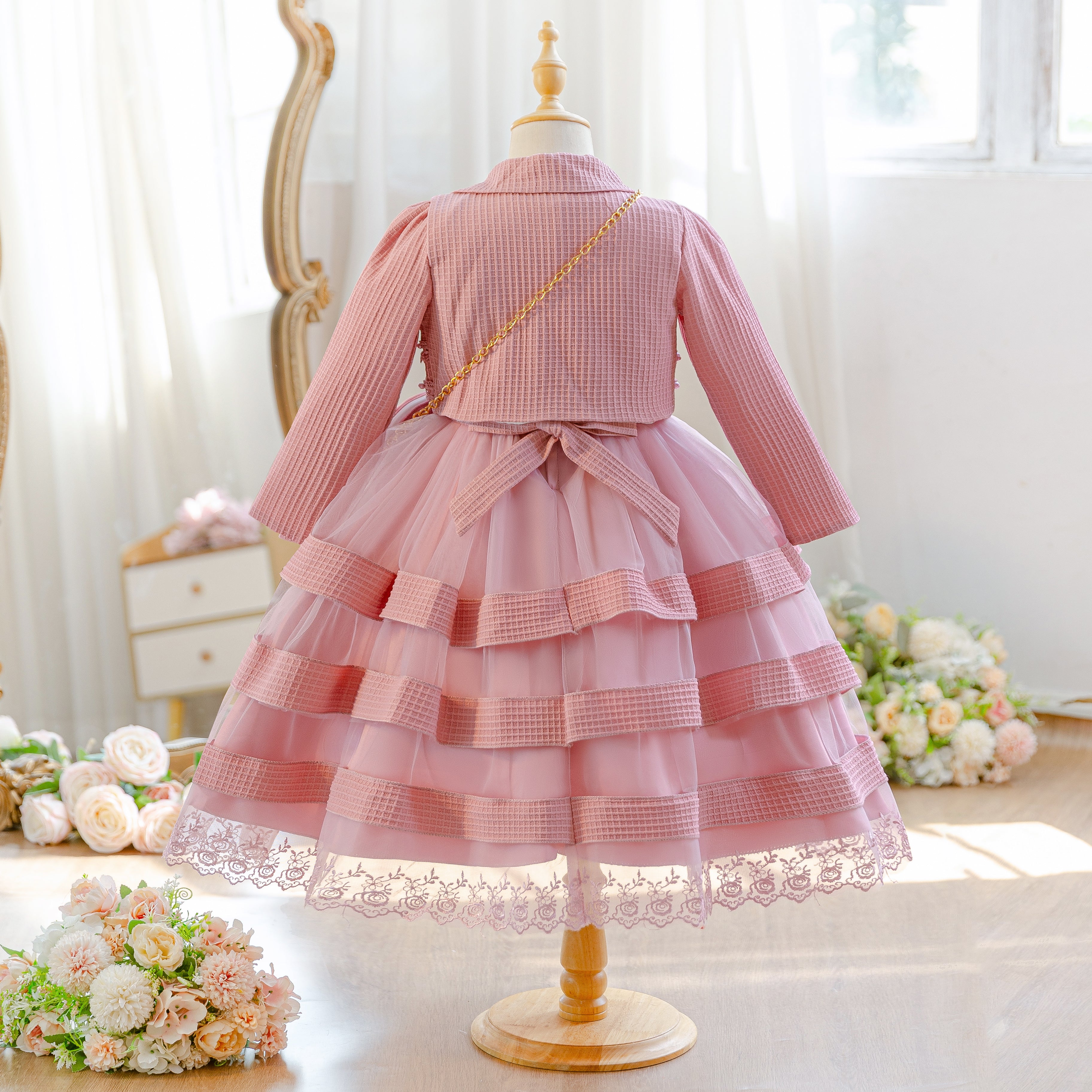 Wholesale 5-10Y Girls 3Pcs Rib Knit Lace Tiered Tulle Princess Dress Set, Kids Birthday Party Lapel Jacket Soft Fabric Formal Outfit With Mini Chain Bag