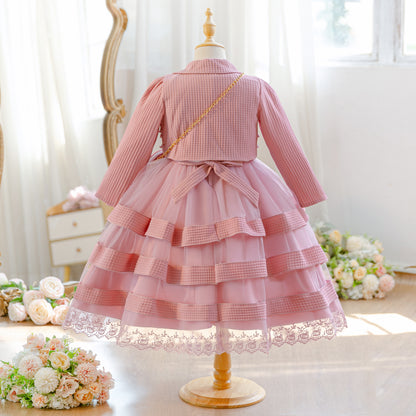 Wholesale 5-10Y Girls 3Pcs Rib Knit Lace Tiered Tulle Princess Dress Set, Kids Birthday Party Lapel Jacket Soft Fabric Formal Outfit With Mini Chain Bag